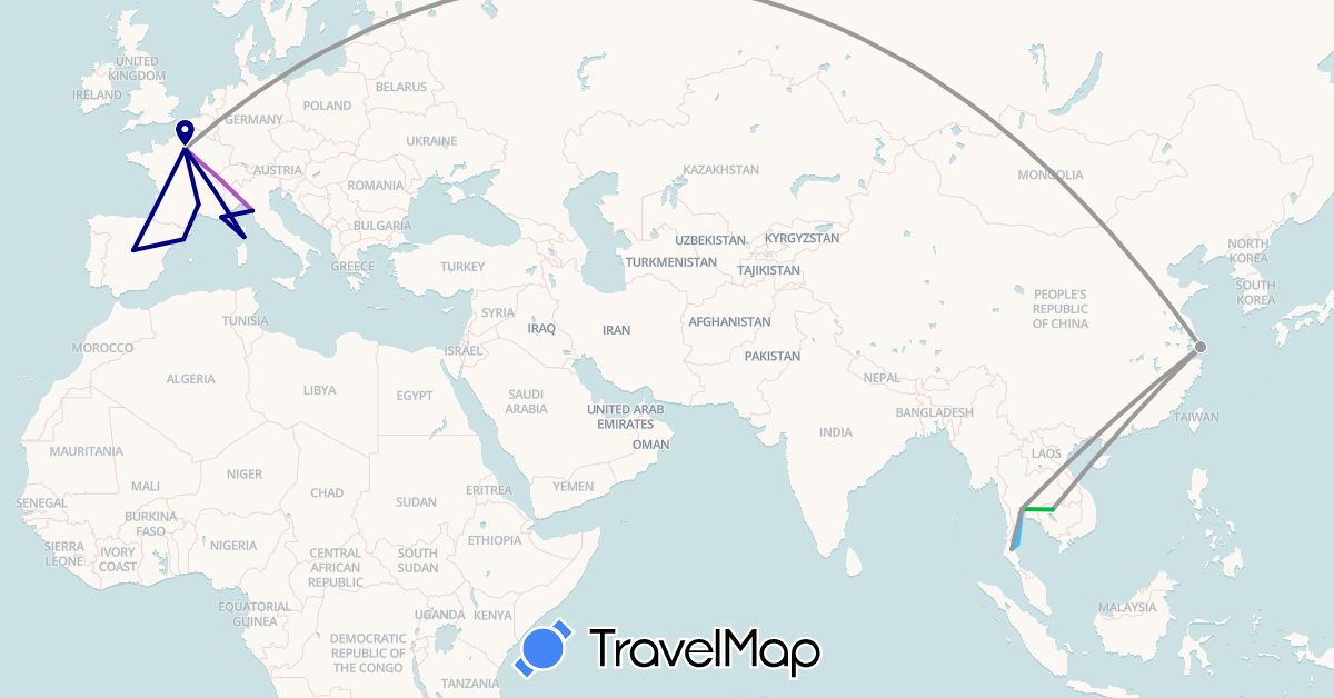 TravelMap itinerary: driving, bus, plane, train, boat in China, Spain, France, Italy, Cambodia, Thailand (Asia, Europe)